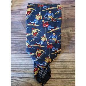 EUC Vintage Lands' End Men's 100% Silk Tie Blue w/Men Skiing, Ski Enthusiast T57
